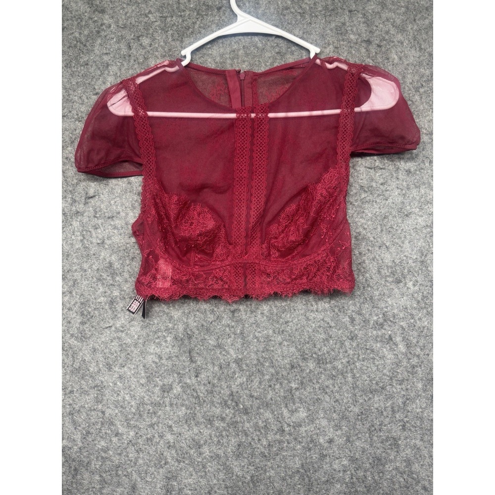 Victoria's Secret Burgundy Lace Sheer Cropped Top Puff Sleeve Medium very sexy